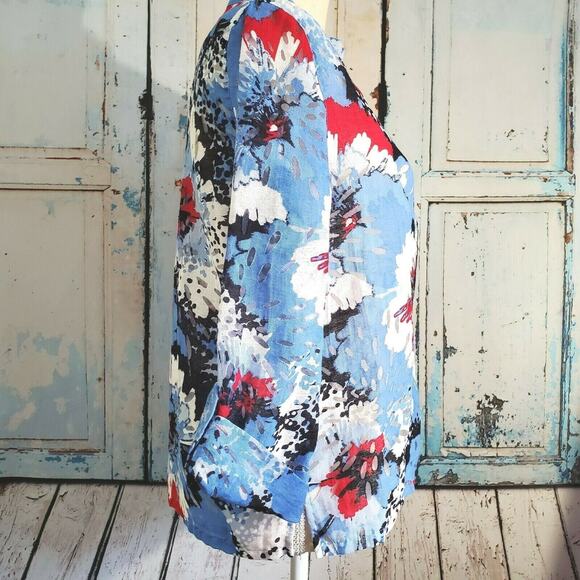 Brielle Blvd Burnout Top Size 8 Blue & Red Floral Semi Sheer Pearl Buttons Retro - Picture 9 of 12